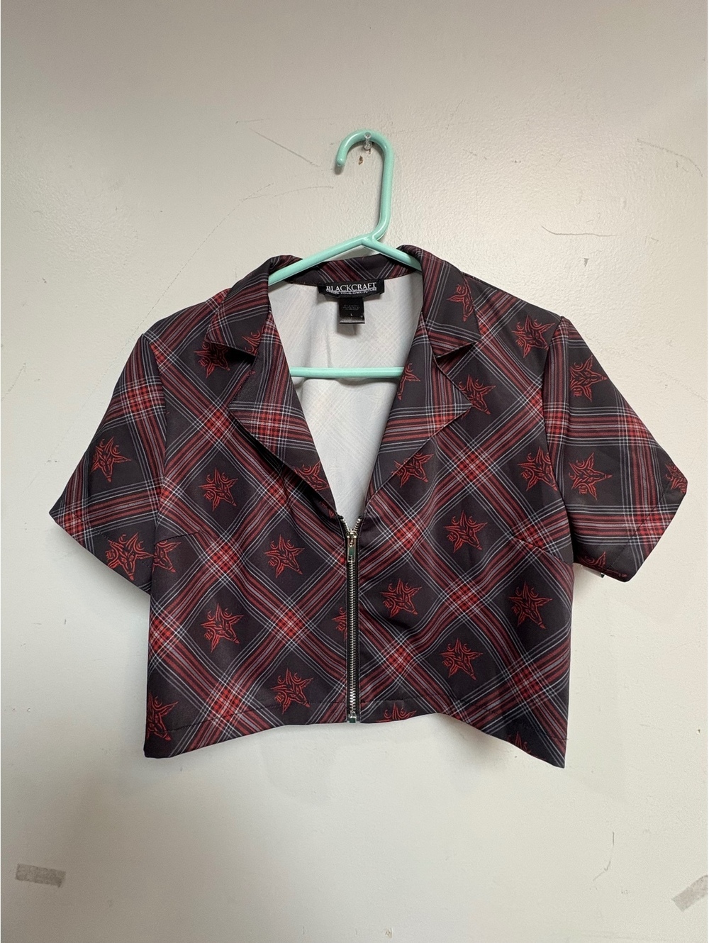 Blackcraft Cult Plaid Star Print Cropped Zip-Up Shirt Jacket Large
